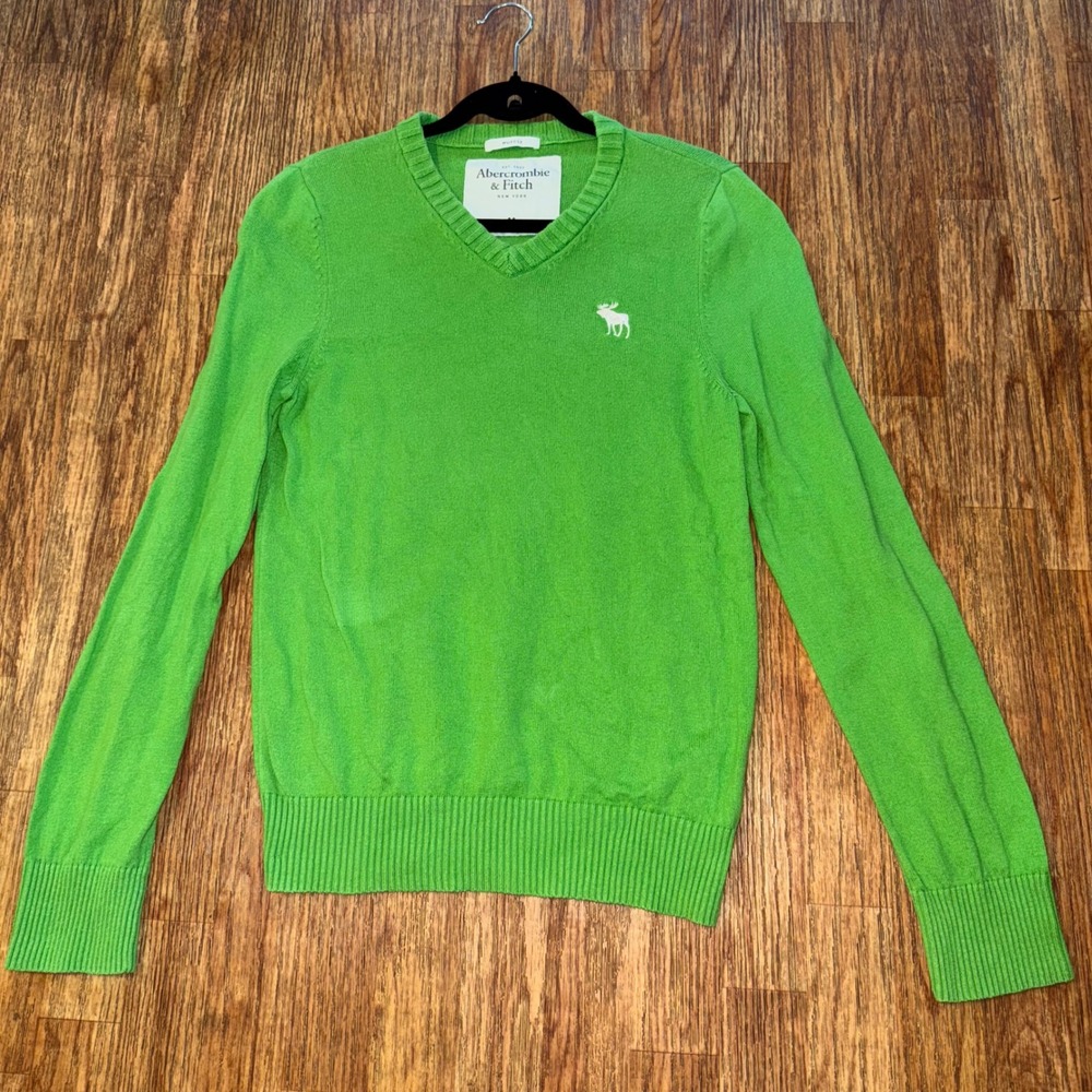 Abercrombie & Fitch Sweater Green V-Neck Knit Moose Logo Muscle Fit M Y2K Era